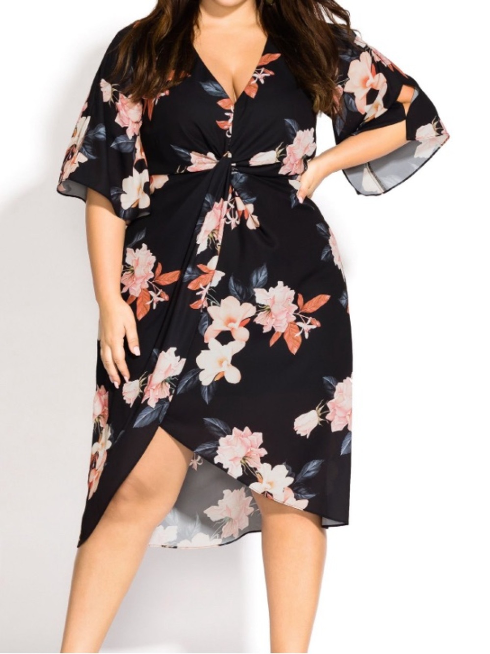 City Chic black floral midi dress featuring a flattering twist-front detail 18